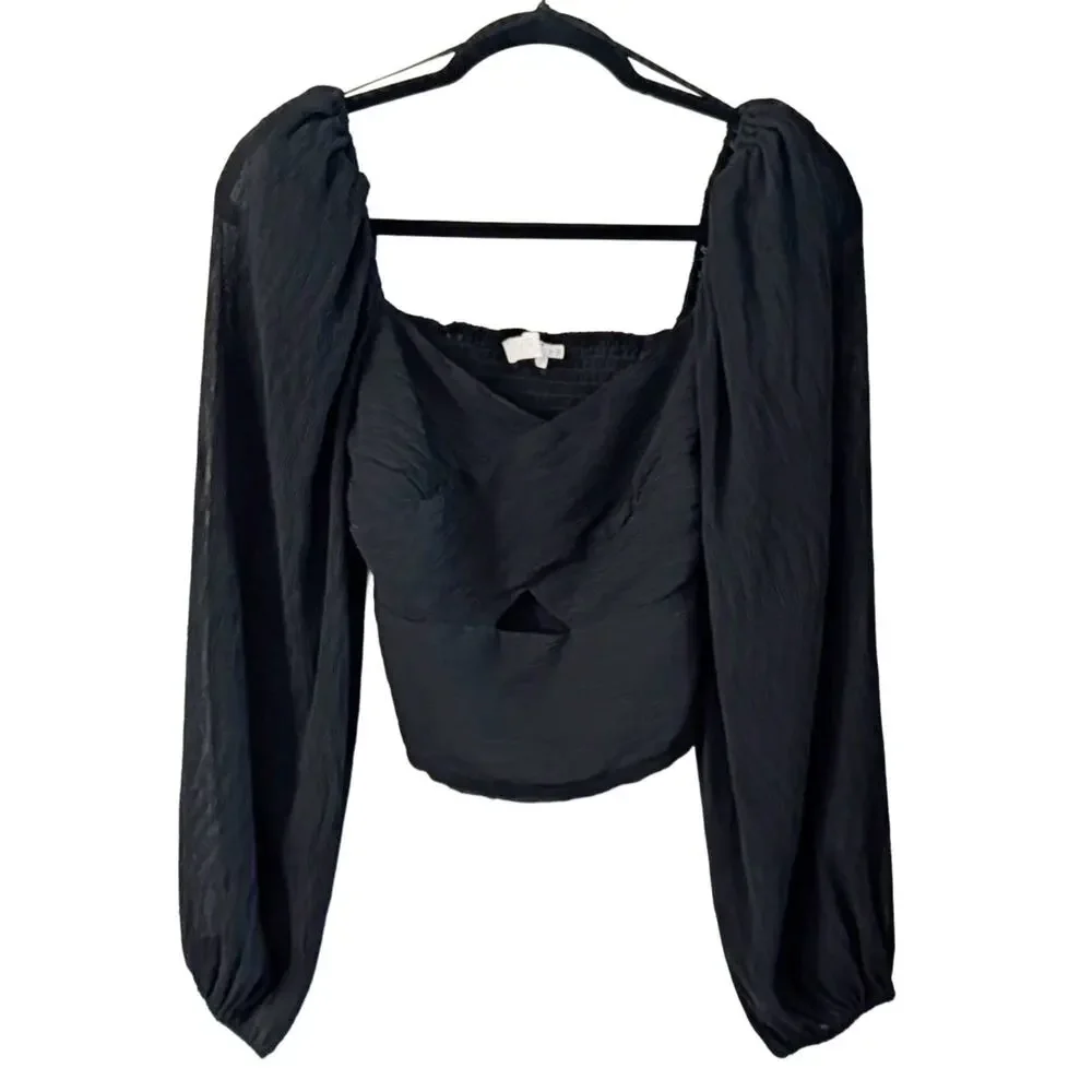 ASTR Black Textured Puff Sleeve Crop Top Small Smocked Back Romantic Crop
